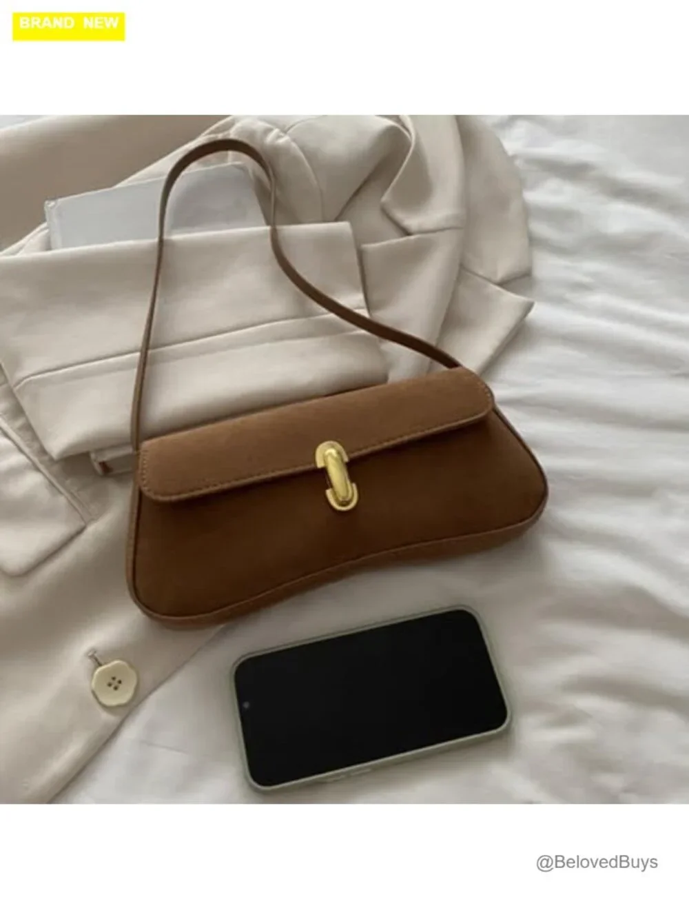Faux Suede Leather Underarm Hobo Bag with Twist Lock